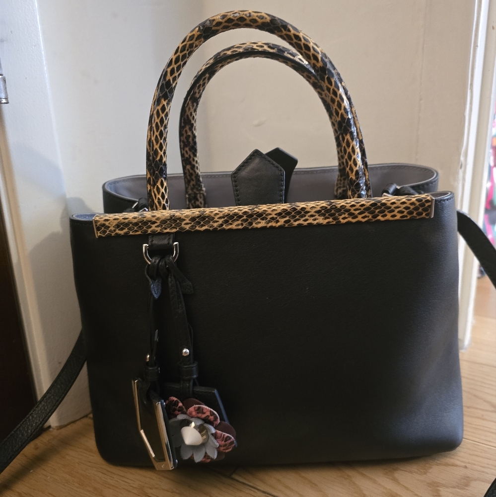 FENDI Purse Python Trimmed 2Jours Black Leather Purse Handbag snakeskin